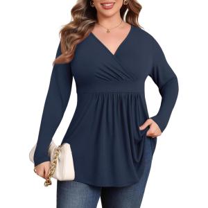 imagePOSESHE Womens Plus Size Long Sleeves Tops 2025 Fall Winter Tunic Tops Casual VNeck Wrap Shirts Dressy Work Blouses L4XLNavy Blue