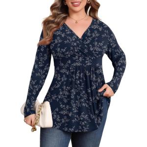 imagePOSESHE Womens Plus Size Long Sleeves Tops 2025 Fall Winter Tunic Tops Casual VNeck Wrap Shirts Dressy Work Blouses L4XLNavy Floral