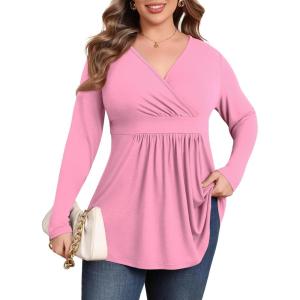 imagePOSESHE Womens Plus Size Long Sleeves Tops 2025 Fall Winter Tunic Tops Casual VNeck Wrap Shirts Dressy Work Blouses L4XLPink Red