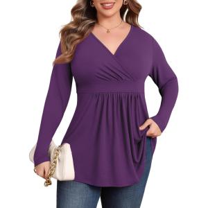 imagePOSESHE Womens Plus Size Long Sleeves Tops 2025 Fall Winter Tunic Tops Casual VNeck Wrap Shirts Dressy Work Blouses L4XLPurple