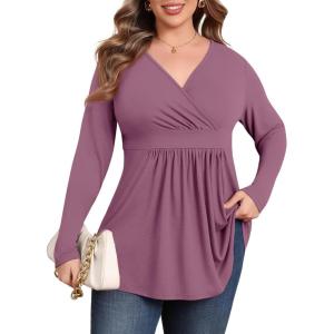 imagePOSESHE Womens Plus Size Long Sleeves Tops 2025 Fall Winter Tunic Tops Casual VNeck Wrap Shirts Dressy Work Blouses L4XLPurple Red
