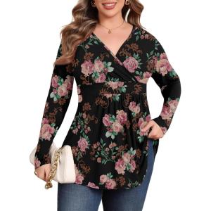 imagePOSESHE Womens Plus Size Long Sleeves Tops 2025 Fall Winter Tunic Tops Casual VNeck Wrap Shirts Dressy Work Blouses L4XLRose Black