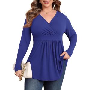 imagePOSESHE Womens Plus Size Long Sleeves Tops 2025 Fall Winter Tunic Tops Casual VNeck Wrap Shirts Dressy Work Blouses L4XLRoyal Blue
