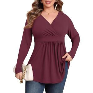 imagePOSESHE Womens Plus Size Long Sleeves Tops 2025 Fall Winter Tunic Tops Casual VNeck Wrap Shirts Dressy Work Blouses L4XLWine Red