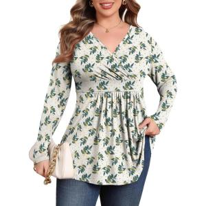 imagePOSESHE Womens Plus Size Long Sleeves Tops 2025 Fall Winter Tunic Tops Casual VNeck Wrap Shirts Dressy Work Blouses L4XLYellow Green Leaf