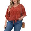 imagePOSESHE Womens Plus Size Floral Tie Front Chiffon Blouses V Neck Batwing Short Sleeve Summer Tops ShirtsFloral Red