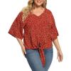 imagePOSESHE Womens Plus Size Floral Tie Front Chiffon Blouses V Neck Batwing Short Sleeve Summer Tops ShirtsFloral Red