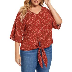 imagePOSESHE Womens Plus Size Floral Tie Front Chiffon Blouses V Neck Batwing Short Sleeve Summer Tops ShirtsFloral Red