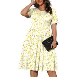 imagePOSESHE Womens Plus Size Summer Dress 2025 Casual Short Sleeve Empire Waist Loose Fit Swing TShirt Dress with PocketsB13apricot Flower