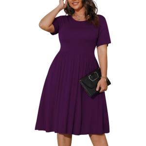 imagePOSESHE Womens Plus Size Summer Dress 2025 Casual Short Sleeve Empire Waist Loose Fit Swing TShirt Dress with PocketsB15purple