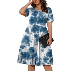 imagePOSESHE Womens Plus Size Summer Dress 2025 Casual Short Sleeve Empire Waist Loose Fit Swing TShirt Dress with PocketsB18tie Dye Blue