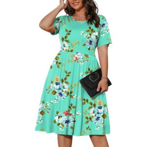imagePOSESHE Womens Plus Size Summer Dress 2025 Casual Short Sleeve Empire Waist Loose Fit Swing TShirt Dress with PocketsB19green Floral
