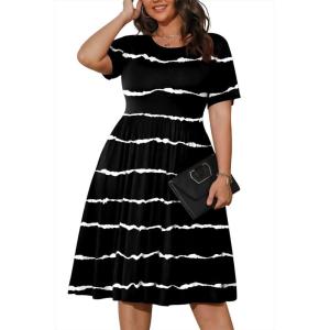 imagePOSESHE Womens Plus Size Summer Dress 2025 Casual Short Sleeve Empire Waist Loose Fit Swing TShirt Dress with PocketsB1black Stripe
