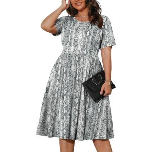 imagePOSESHE Womens Plus Size Summer Dress 2025 Casual Short Sleeve Empire Waist Loose Fit Swing TShirt Dress with PocketsB21snake Print White