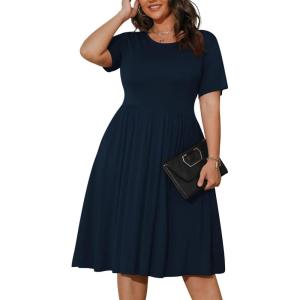 imagePOSESHE Womens Plus Size Summer Dress 2025 Casual Short Sleeve Empire Waist Loose Fit Swing TShirt Dress with PocketsB3navy Blue