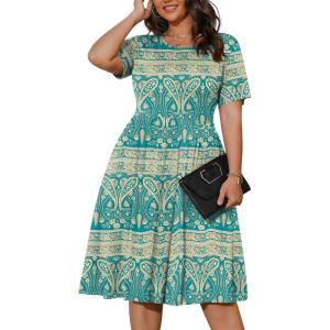 imagePOSESHE Womens Plus Size Summer Dress 2025 Casual Short Sleeve Empire Waist Loose Fit Swing TShirt Dress with PocketsB5blue Kaqi