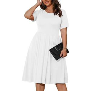 imagePOSESHE Womens Plus Size Summer Dress 2025 Casual Short Sleeve Empire Waist Loose Fit Swing TShirt Dress with PocketsB5white