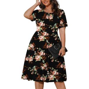 imagePOSESHE Womens Plus Size Summer Dress 2025 Casual Short Sleeve Empire Waist Loose Fit Swing TShirt Dress with PocketsB8rose Black