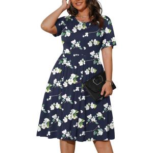 imagePOSESHE Womens Plus Size Summer Dress 2025 Casual Short Sleeve Empire Waist Loose Fit Swing TShirt Dress with PocketsBlue Begonia