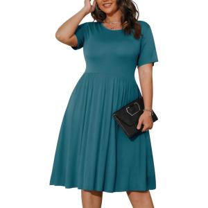 imagePOSESHE Womens Plus Size Summer Dress 2025 Casual Short Sleeve Empire Waist Loose Fit Swing TShirt Dress with PocketsGrey Blue