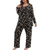 imagePOSESHE Womens Plus Size Pajama Sets Long Sleeve 2 Piece Crew Neck Lounge Sleepwear Ladies Cute Pjs Sets with Pockets 2025Geometry Black