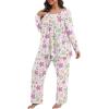 imagePOSESHE Womens Plus Size Pajama Sets Long Sleeve 2 Piece Crew Neck Lounge Sleepwear Ladies Cute Pjs Sets with Pockets 2025Purple Pink Leaf