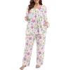 imagePOSESHE Womens Plus Size Pajama Sets Long Sleeve 2 Piece Crew Neck Lounge Sleepwear Ladies Cute Pjs Sets with Pockets 2025Purple Pink Leaf