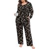imagePOSESHE Womens Plus Size Pajama Sets Long Sleeve 2 Piece Crew Neck Lounge Sleepwear Ladies Cute Pjs Sets with Pockets 2025Geometry Black