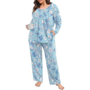 imagePOSESHE Womens Plus Size Pajama Sets Long Sleeve 2 Piece Crew Neck Lounge Sleepwear Ladies Cute Pjs Sets with Pockets 2025Blue Shell