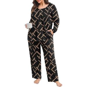 imagePOSESHE Womens Plus Size Pajama Sets Long Sleeve 2 Piece Crew Neck Lounge Sleepwear Ladies Cute Pjs Sets with Pockets 2025Geometry Black