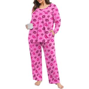 imagePOSESHE Womens Plus Size Pajama Sets Long Sleeve 2 Piece Crew Neck Lounge Sleepwear Ladies Cute Pjs Sets with Pockets 2025Lip Print