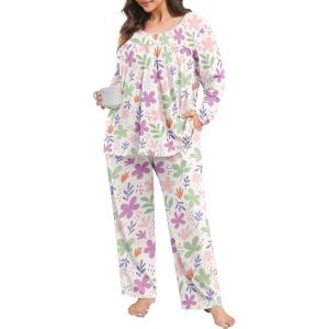 imagePOSESHE Womens Plus Size Pajama Sets Long Sleeve 2 Piece Crew Neck Lounge Sleepwear Ladies Cute Pjs Sets with Pockets 2025Purple Pink Leaf