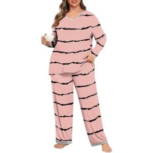 imagePOSESHE Womens Plus Size Pajama Sets Soft Pjs Long Pants Summer Lounge Sleepwear Pajama SetsBeab Red Stripe