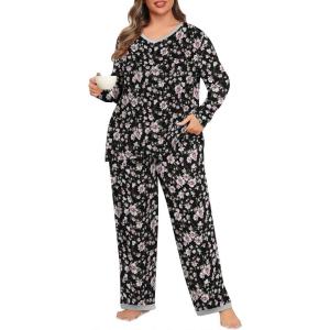 imagePOSESHE Womens Plus Size Pajama Sets Soft Pjs Long Pants Summer Lounge Sleepwear Pajama SetsBlack Pink Floral