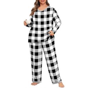 imagePOSESHE Womens Plus Size Pajama Sets Soft Pjs Long Pants Summer Lounge Sleepwear Pajama SetsBlack W Grid