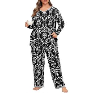 imagePOSESHE Womens Plus Size Pajama Sets Soft Pjs Long Pants Summer Lounge Sleepwear Pajama SetsBlack W Stripe