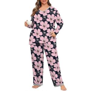 imagePOSESHE Womens Plus Size Pajama Sets Soft Pjs Long Pants Summer Lounge Sleepwear Pajama SetsBlue Peach