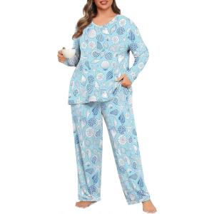 imagePOSESHE Womens Plus Size Pajama Sets Soft Pjs Long Pants Summer Lounge Sleepwear Pajama SetsBlue Shell