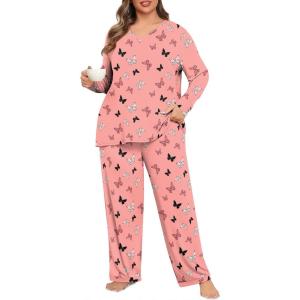 imagePOSESHE Womens Plus Size Pajama Sets Soft Pjs Long Pants Summer Lounge Sleepwear Pajama SetsButterfly