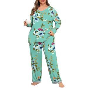 imagePOSESHE Womens Plus Size Pajama Sets Soft Pjs Long Pants Summer Lounge Sleepwear Pajama SetsGreen Floral