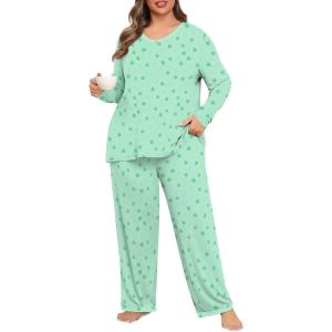 imagePOSESHE Womens Plus Size Pajama Sets Soft Pjs Long Pants Summer Lounge Sleepwear Pajama SetsGreen Heart