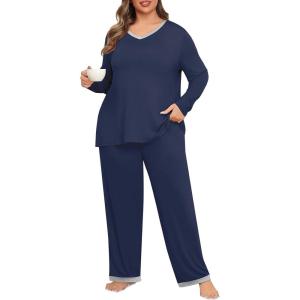 imagePOSESHE Womens Plus Size Pajama Sets Soft Pjs Long Pants Summer Lounge Sleepwear Pajama SetsNavy Blue