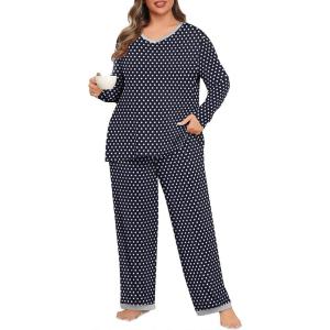 imagePOSESHE Womens Plus Size Pajama Sets Soft Pjs Long Pants Summer Lounge Sleepwear Pajama SetsNavy Dot