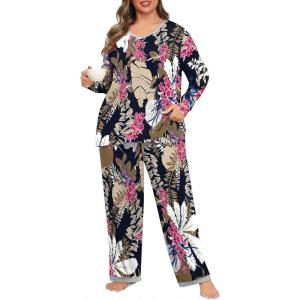 imagePOSESHE Womens Plus Size Pajama Sets Soft Pjs Long Pants Summer Lounge Sleepwear Pajama SetsPink Leaf Floral