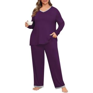 imagePOSESHE Womens Plus Size Pajama Sets Soft Pjs Long Pants Summer Lounge Sleepwear Pajama SetsPurple