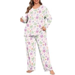 imagePOSESHE Womens Plus Size Pajama Sets Soft Pjs Long Pants Summer Lounge Sleepwear Pajama SetsPurple Pink Leaf