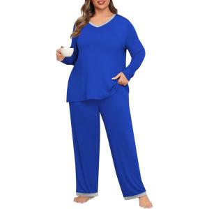 imagePOSESHE Womens Plus Size Pajama Sets Soft Pjs Long Pants Summer Lounge Sleepwear Pajama SetsRoyal Blue