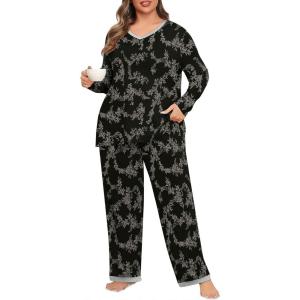 imagePOSESHE Womens Plus Size Pajama Sets Soft Pjs Long Pants Summer Lounge Sleepwear Pajama SetsWhite Branch Floral