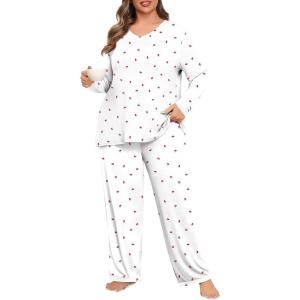 imagePOSESHE Womens Plus Size Pajama Sets Soft Pjs Long Pants Summer Lounge Sleepwear Pajama SetsWhite Cherry