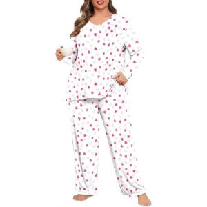 imagePOSESHE Womens Plus Size Pajama Sets Soft Pjs Long Pants Summer Lounge Sleepwear Pajama SetsWhite Pink Heart